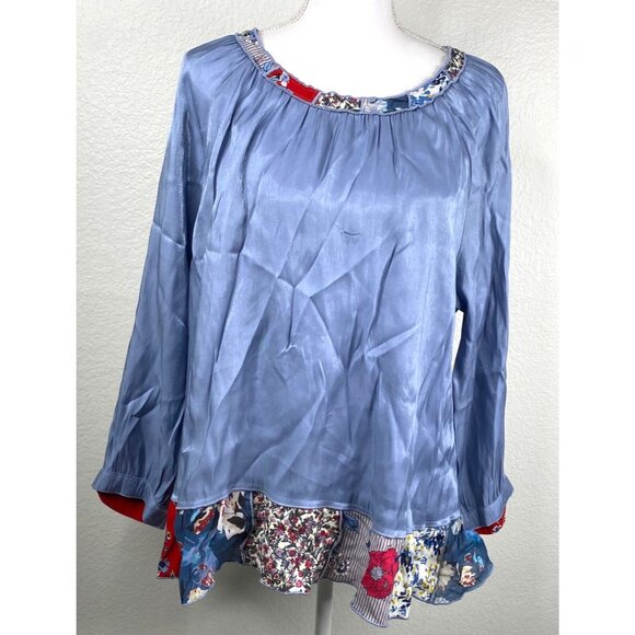 John Mark Tops - John Mark Top Women's Sz XL Blue Patchwork Hem Boho Art to Wear Shimmer Unique